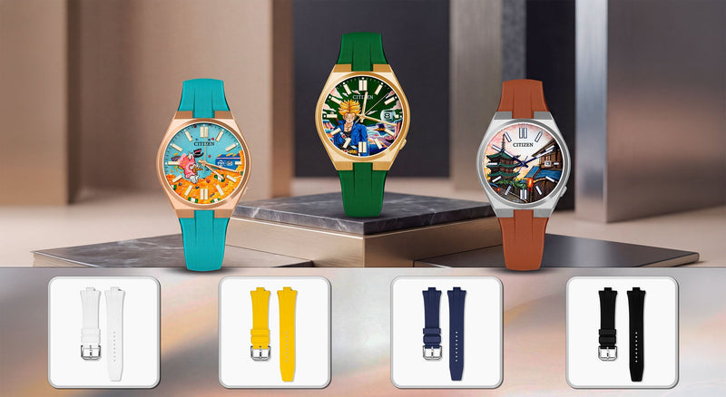 Citizen Tsuyosa straps in Tiffany, green and brown on the hand-painted Dive in Time, Future Fury Concept and Tsuyosa Kyoto Concept, with white, yellow, blue and black straps, by IFL Watches