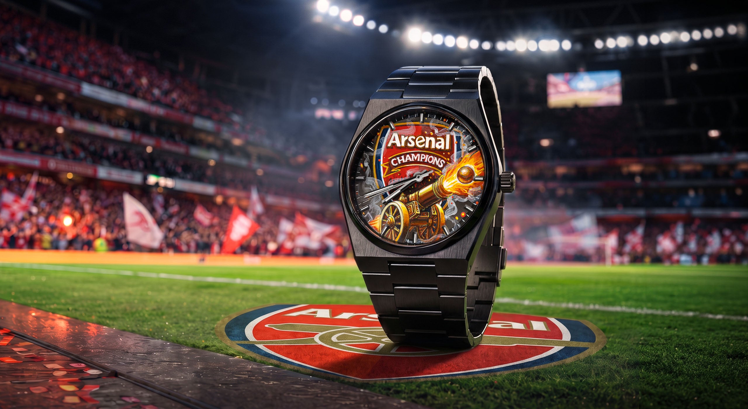 IFL Canvax Gunners — Hand-painted custom Canvax featuring a football crest with a cannon firing through smoke and flame in red and gold, on a 40mm black matte automatic, a bespoke timepiece by IFL Watches.