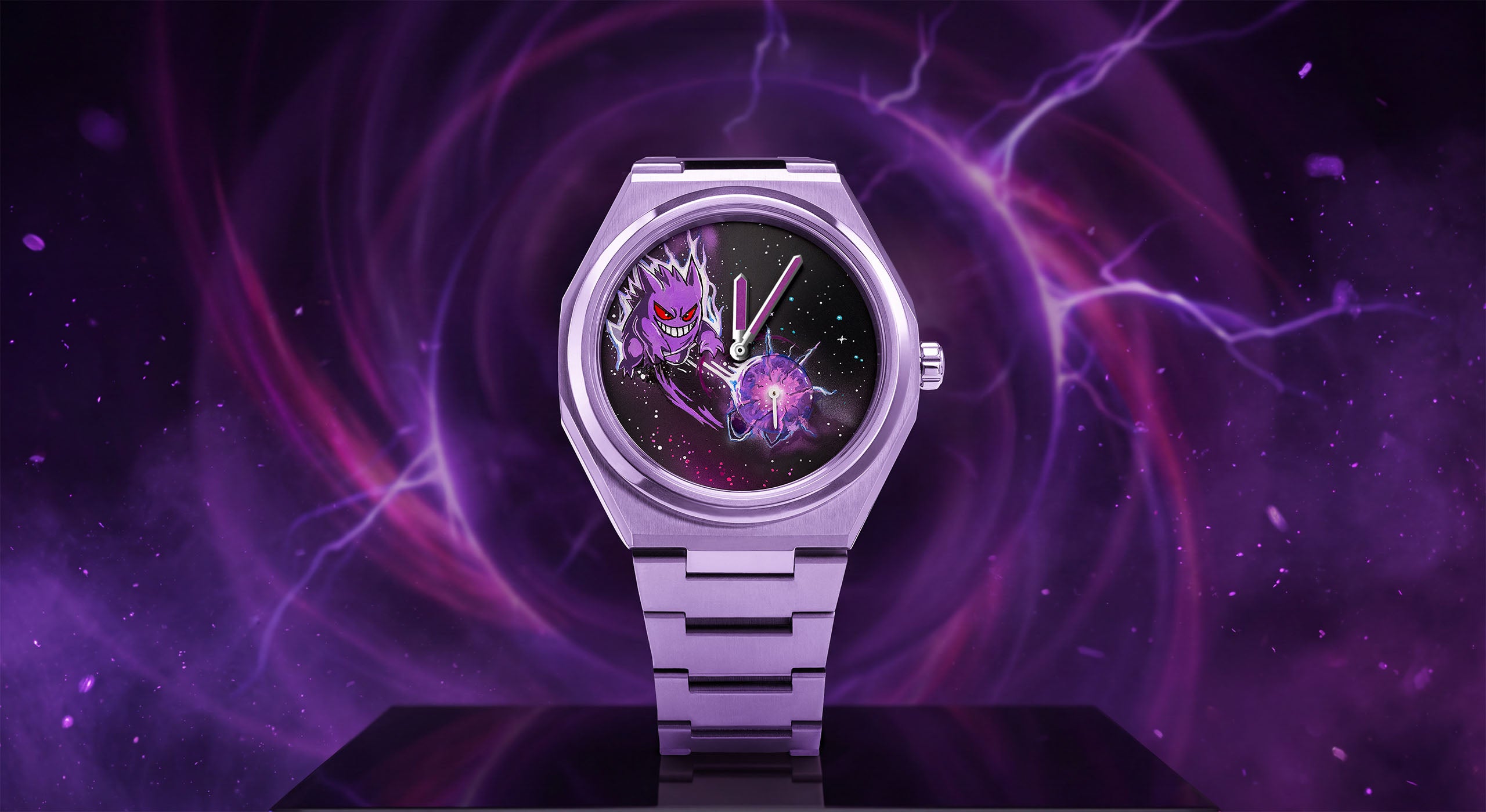 Defiant Shadow — Custom hand-painted dial worn on the wrist, purple spirit and violet cloud scattered with stars on a 40.5mm Super Titanium case, a bespoke timepiece by IFL Watches.