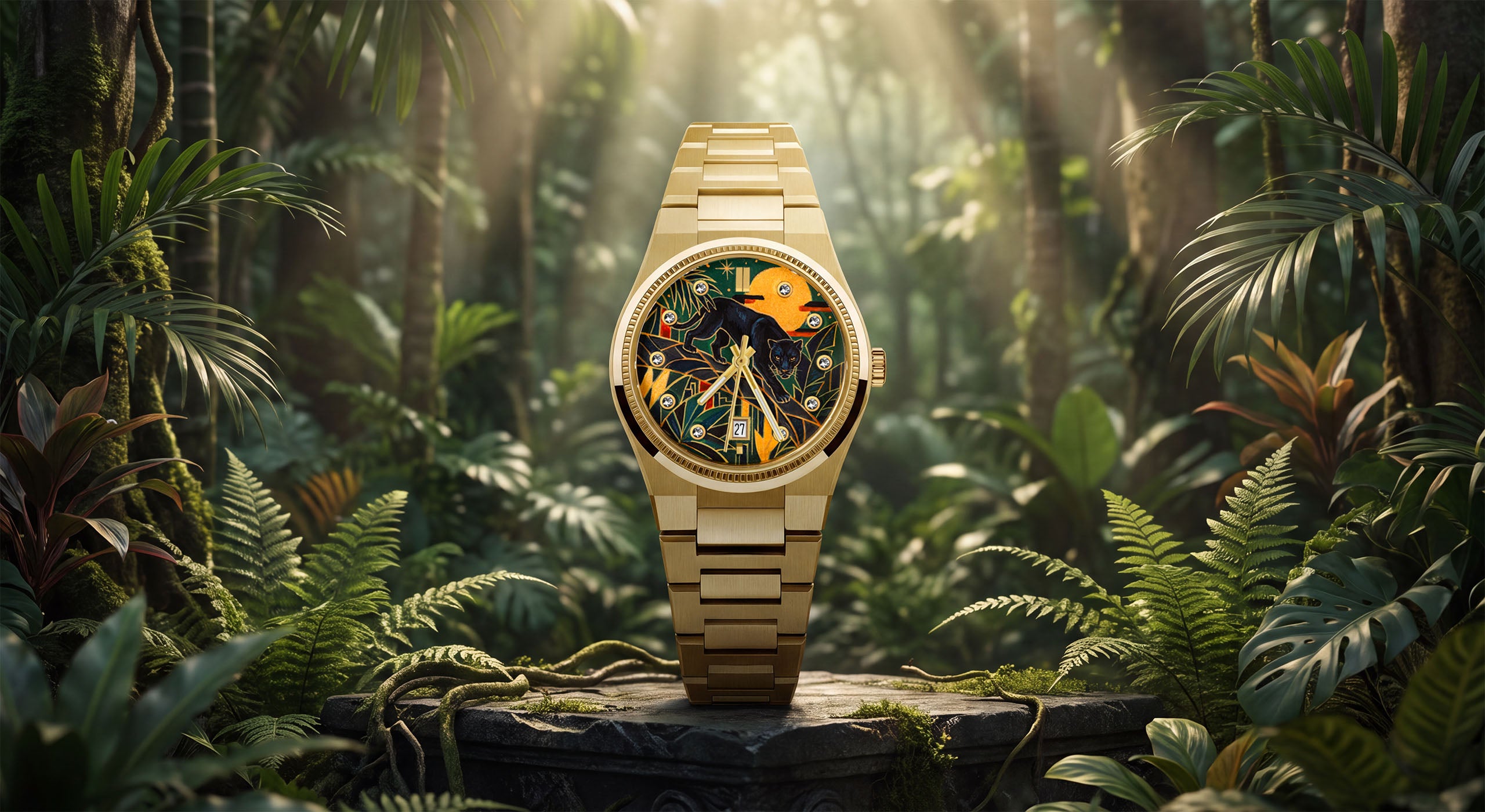 Festina Rive Monarch — Hand-painted custom panther dial in Art Deco emerald and gold on a gold-tone Swiss quartz watch by IFL Watches