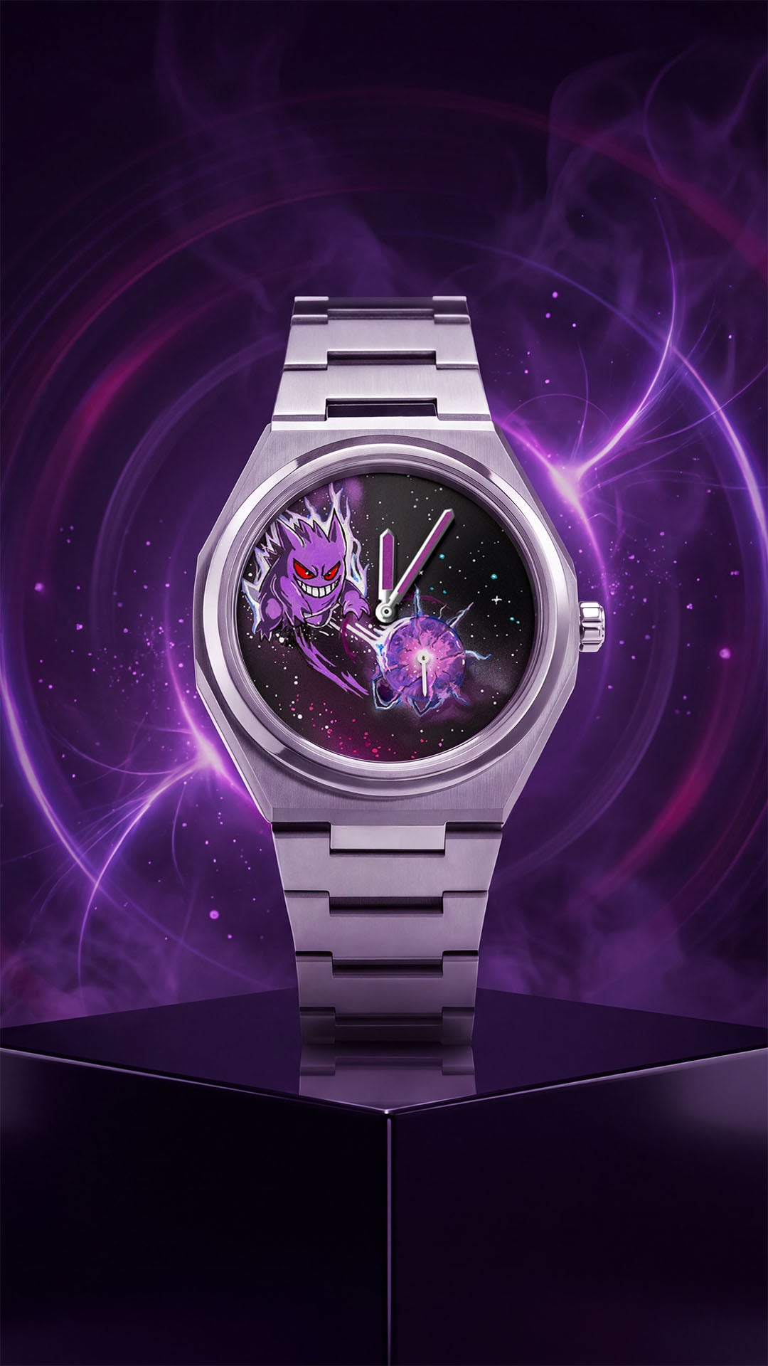Defiant Shadow — Custom hand-painted dial worn on the wrist, purple spirit and violet cloud scattered with stars on a 40.5mm Super Titanium case, a bespoke timepiece by IFL Watches.