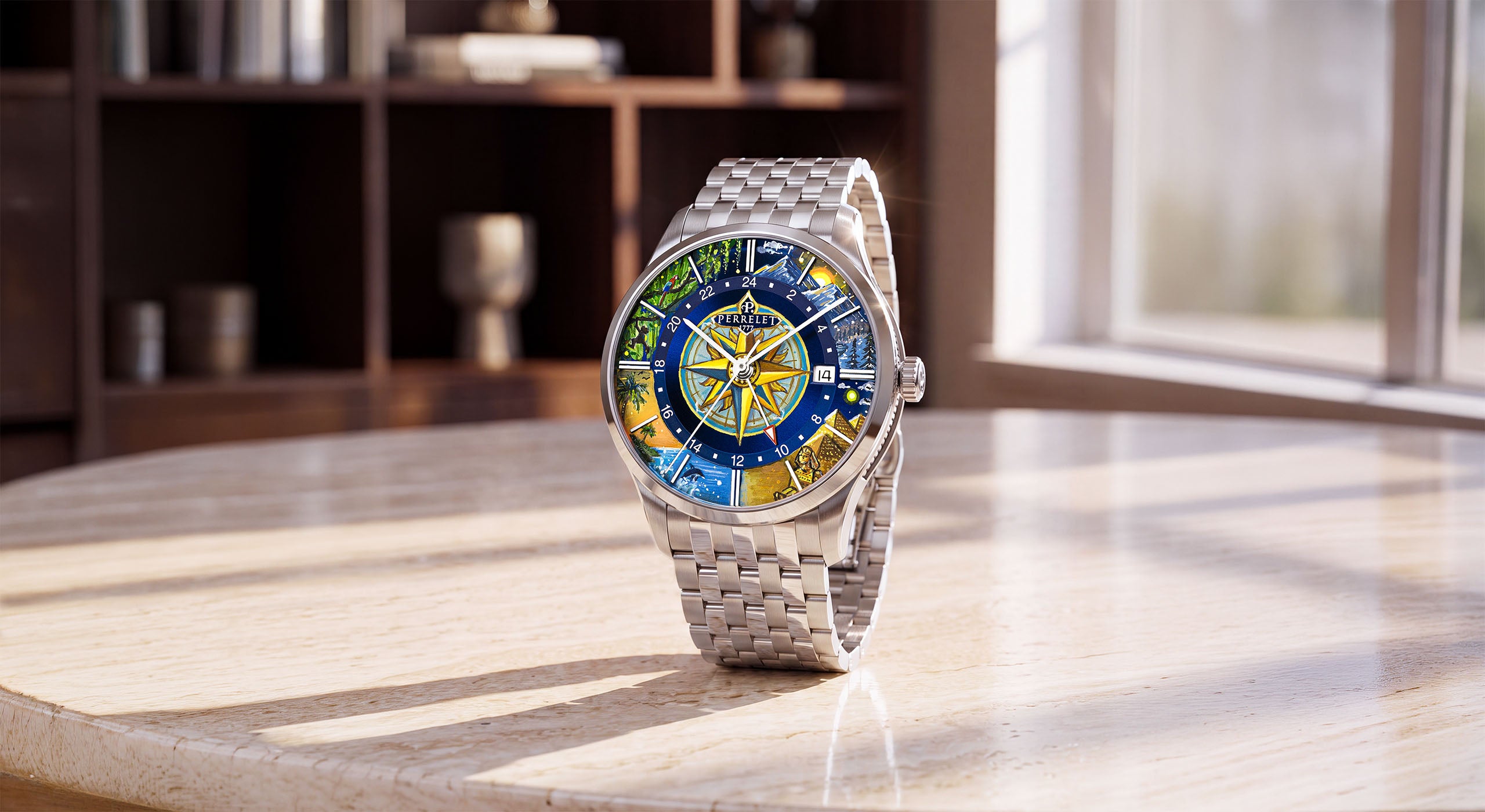 Perrelet Weekend GMT Atlas — hand-painted compass dial on a desktop launch banner for the IFL Watches homepage, limited edition timepiece by IFL Watches.