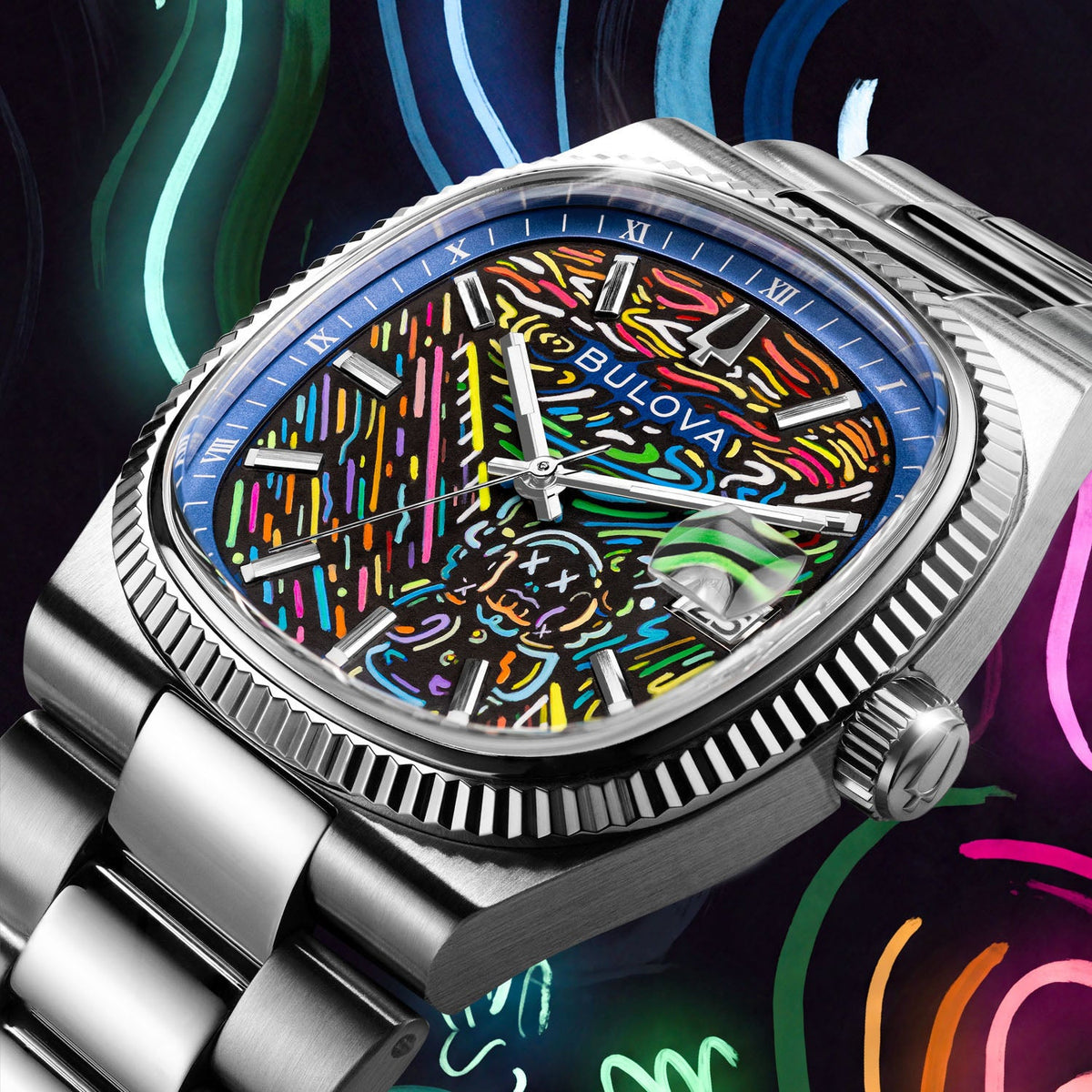 Bulova Super Seville Scream — Angled close-up of the neon-streaked dial and blue Roman-numeral chapter ring inside the coin-edge bezel, set against glowing painted swirls, limited edition timepiece by IFL Watches