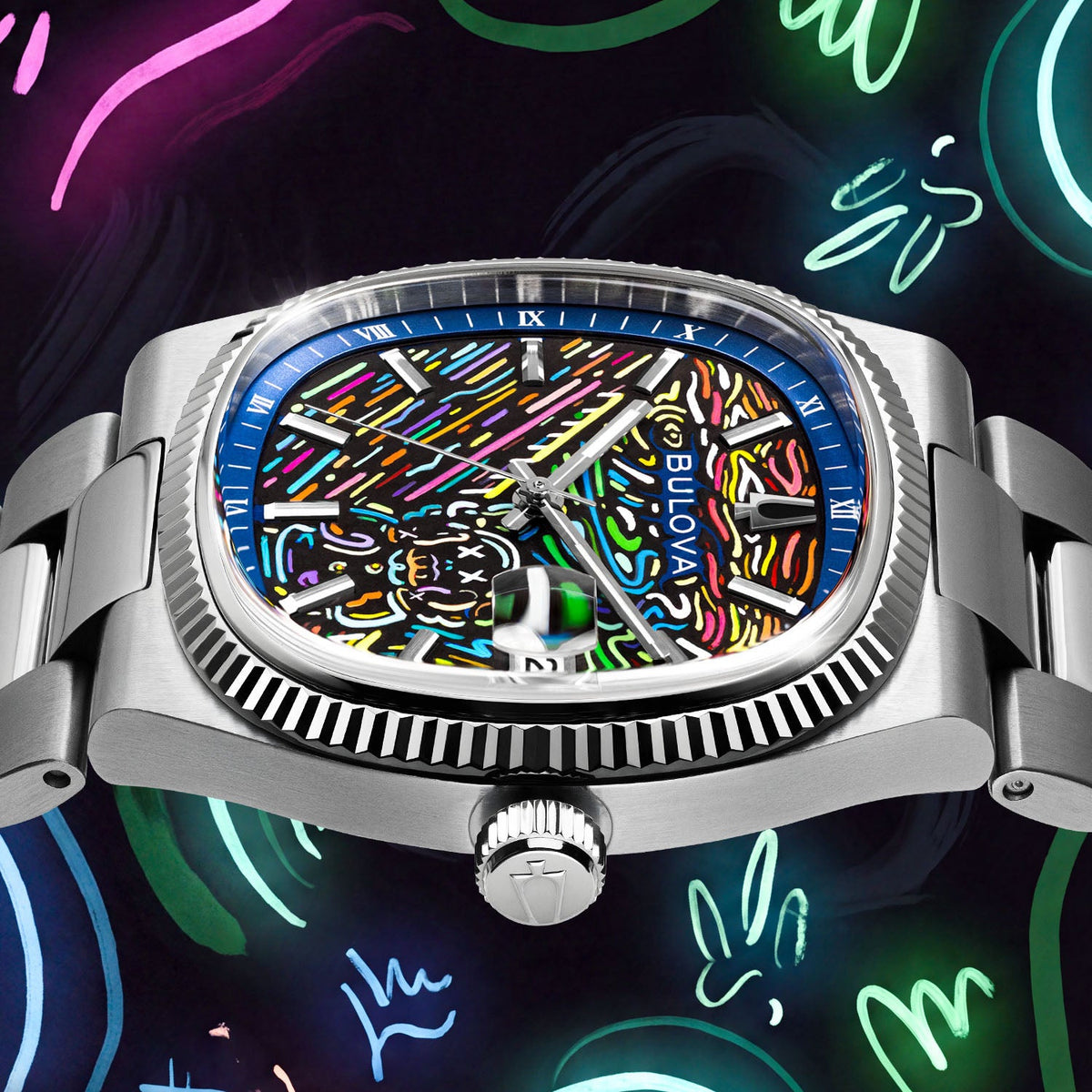 Bulova Super Seville Scream — Side view from the crown, the TV-shaped steel case and grooved bezel framing the hand-painted dial against neon brushstrokes, custom limited edition by IFL Watches