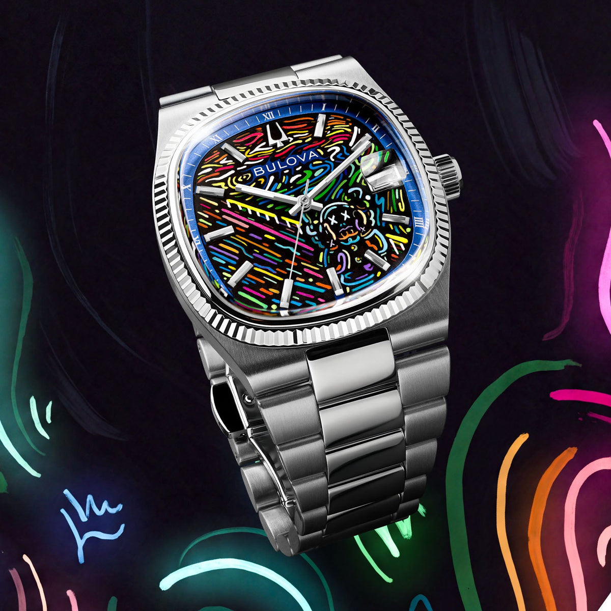 Bulova Super Seville Scream — Floating against a dark backdrop of neon strokes, the painted dial and pop culture figure above a full three-link steel bracelet, customized limited edition by IFL Watches