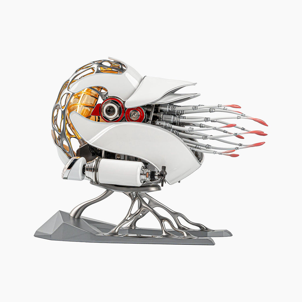 Mecha Naut White — the nautilus raised on a branching chrome stand, its lacquered shell panels opened to show the amber chamber and red drive wheels within, motorised metal sculpture by IFL Watches.