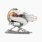 Mecha Naut White — the nautilus raised on a branching chrome stand, its lacquered shell panels opened to show the amber chamber and red drive wheels within, motorised metal sculpture by IFL Watches.
