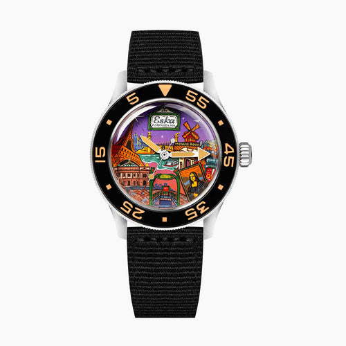 ESKA Amphibian Cœur de Paris — Hand-painted cityscape of the French capital on the dial of a 40mm steel diver, front view on a black NATO strap, limited edition timepiece by IFL Watches.