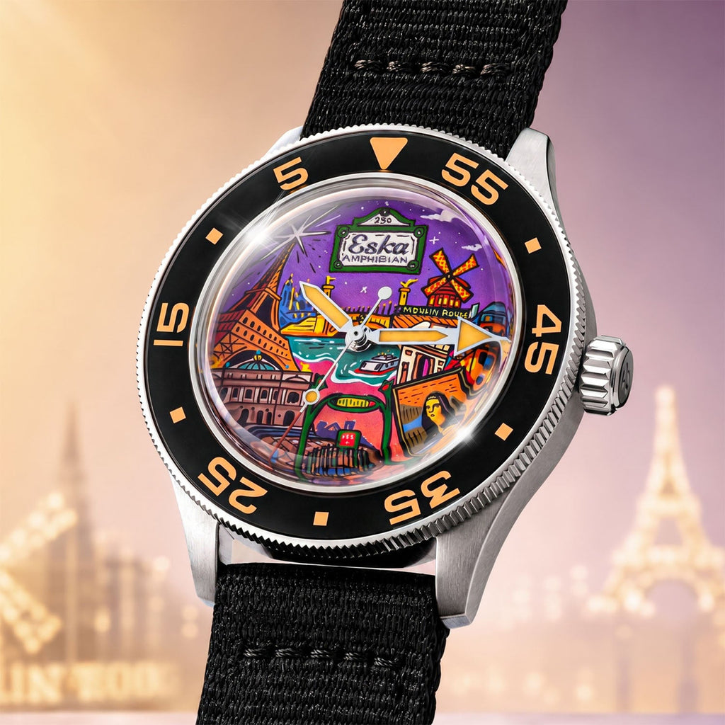 ESKA Amphibian Cœur de Paris — Close detail of the hand-painted city dial, the Eiffel Tower and Sacré-Cœur beneath a violet sky, customized limited edition by IFL Watches.