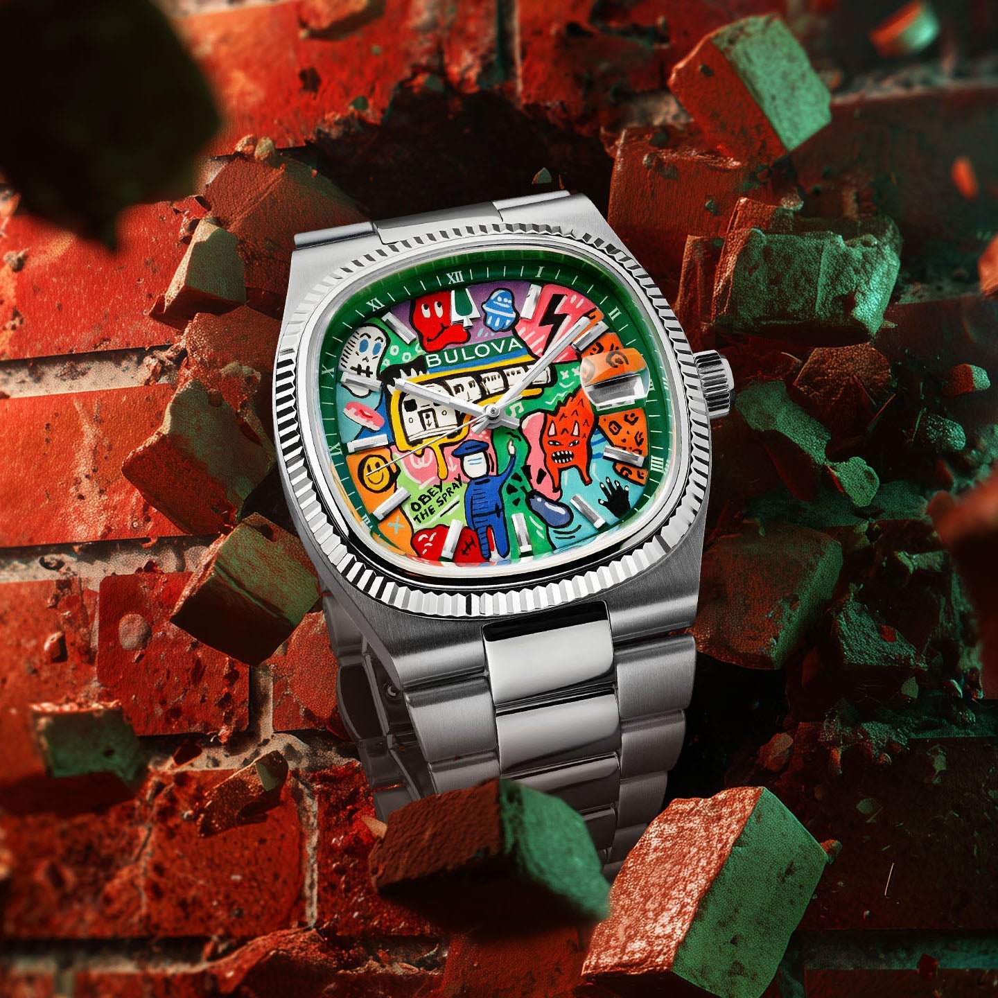 Bulova Super Seville Mural Verde – Hand-painted custom Bulova Super Seville featuring NYC street art on green dial, a bespoke timepiece by IFL Watches
