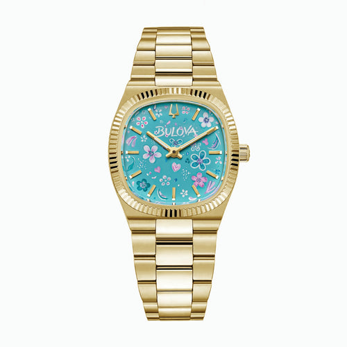 Bulova Super Seville Jardin Bleu — Hand-painted custom Super Seville Mini with pink and white flowers, hearts and stray petals scattered across a turquoise dial, framed by a 25mm gold-tone case and coin-edge bezel, a bespoke timepiece by IFL Watches.