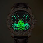 Lucky Harvey Honey Bee Rose Gold — In the dark, showing the luminous bee, flowers and markers, available at IFL Watches.