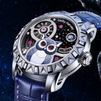 Lucky Harvey Owl Silver — Close angled view of the sculpted owl, night-sky dial and moon, available at IFL Watches.