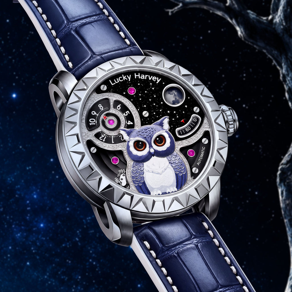 Lucky Harvey Owl Silver — Angled view on the navy leather strap, available at IFL Watches.