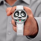 Lucky Harvey Panda White — Held in hand, showing the panda face, available at IFL Watches.