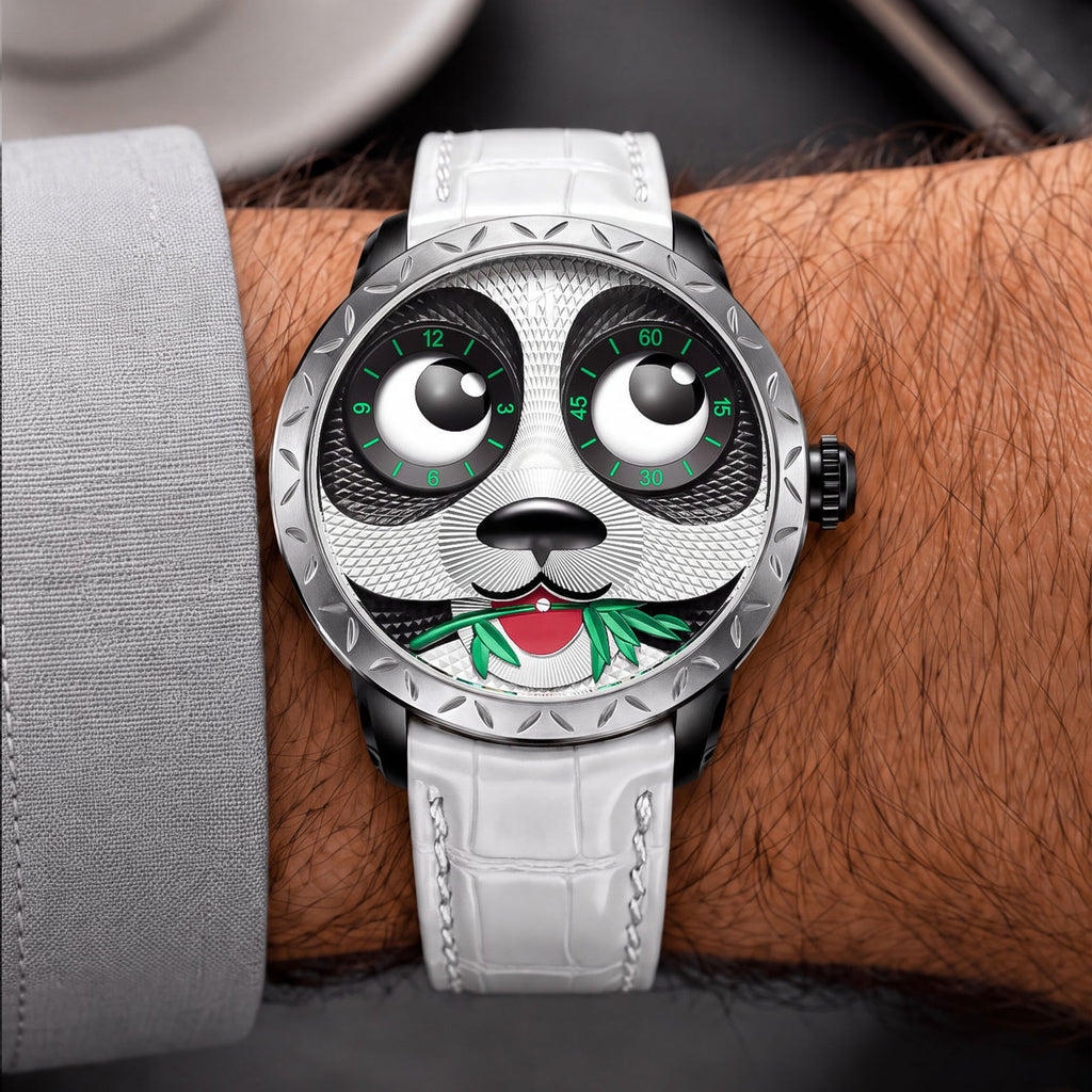 Lucky Harvey Panda White — Worn on wrist, front view of the panda dial, available at IFL Watches.