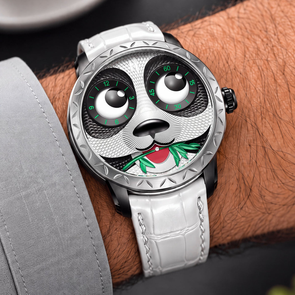Lucky Harvey Panda White — Worn on wrist at an angle, showing the crown, available at IFL Watches.