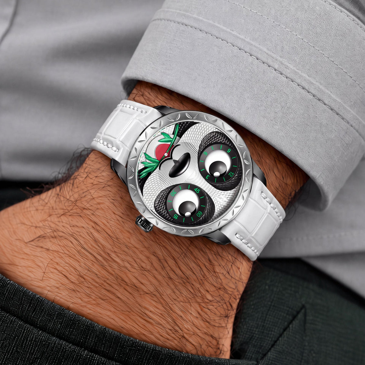 Lucky Harvey Panda White — Worn on wrist with a hand in the pocket, available at IFL Watches.