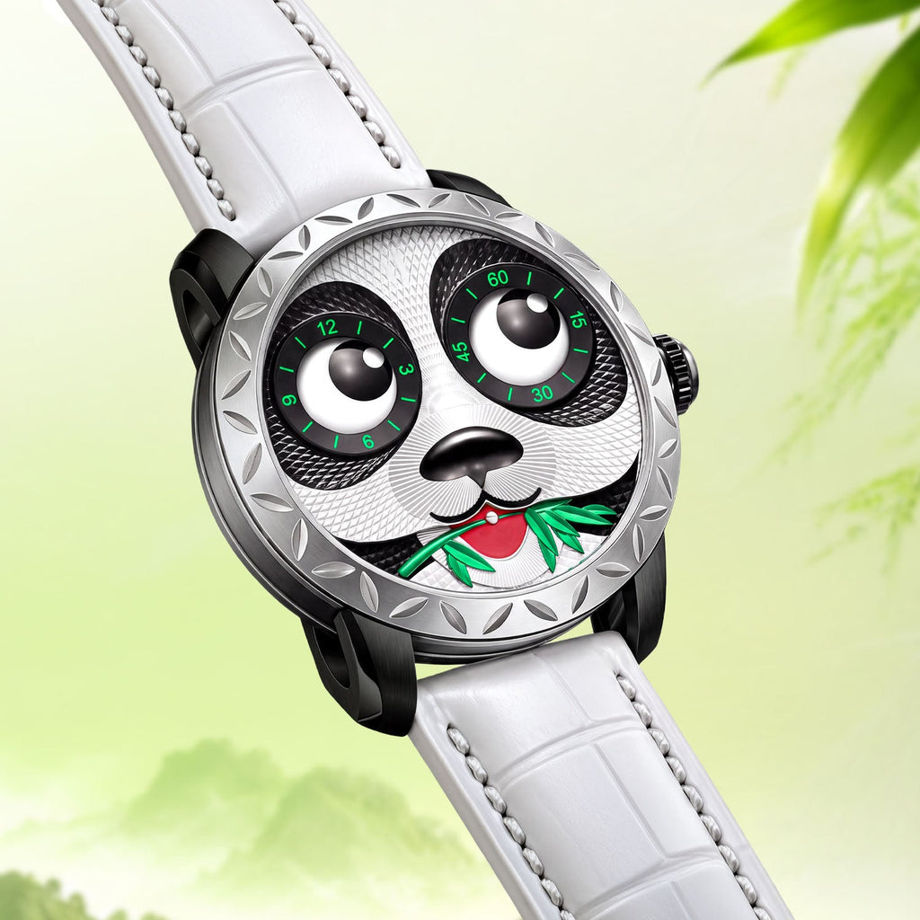Lucky Harvey Panda White — Angled view on the white leather strap, available at IFL Watches.