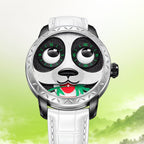 Lucky Harvey Panda White — Front view against a bamboo forest backdrop, available at IFL Watches.