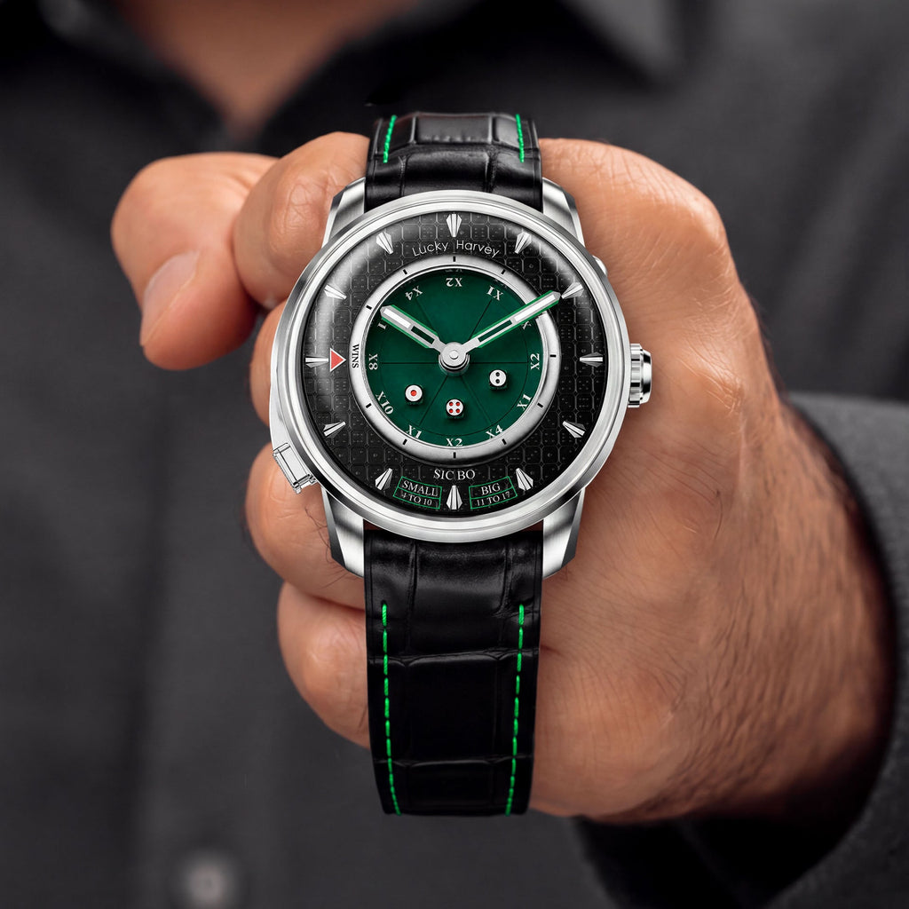 Lucky Harvey Sic Bo Green — Held in hand, showing the dice dial, available at IFL Watches.