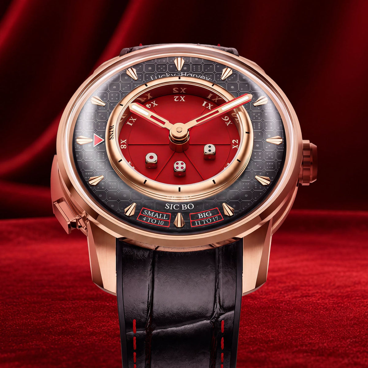 Lucky Harvey Sic Bo Red — Front view on a red felt casino table, available at IFL Watches.