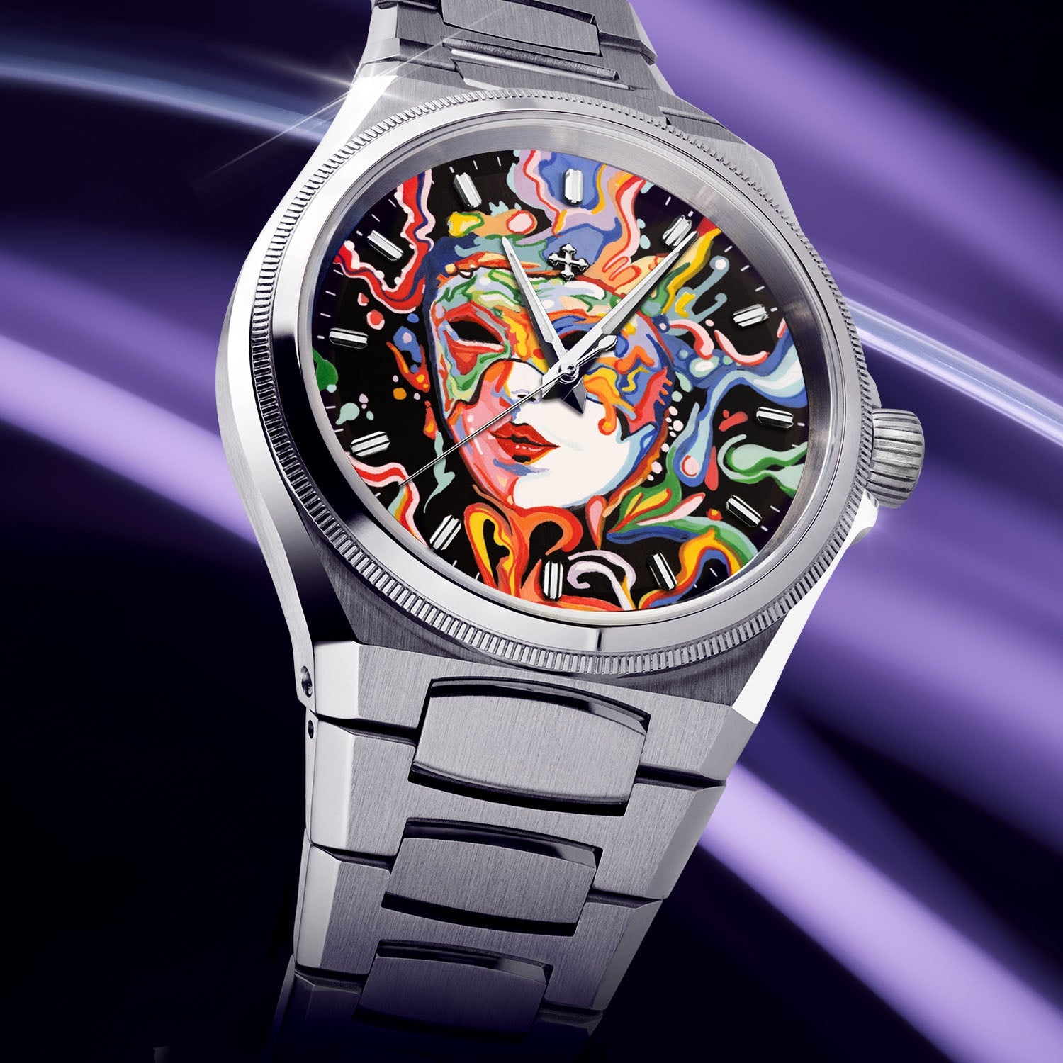 Venezianico Arsenale Arlecchino - Hand-painted custom dial featuring Venice Carnival mask artwork, limited edition bespoke timepiece by IFL Watches