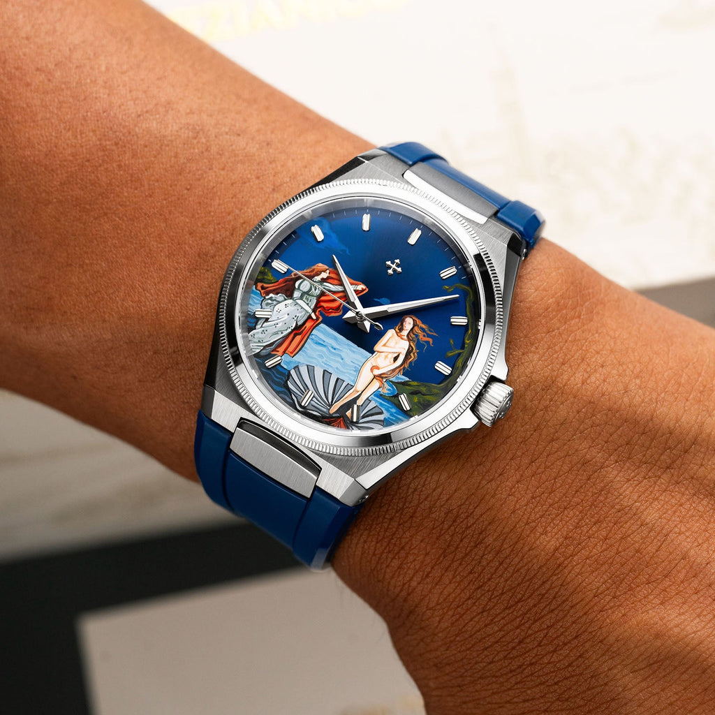 Venezianico Arsenale Venus – Hand-painted custom Arsenale 40 featuring Botticelli's Birth of Venus artwork, a bespoke timepiece by IFL Watches rubber bracelet