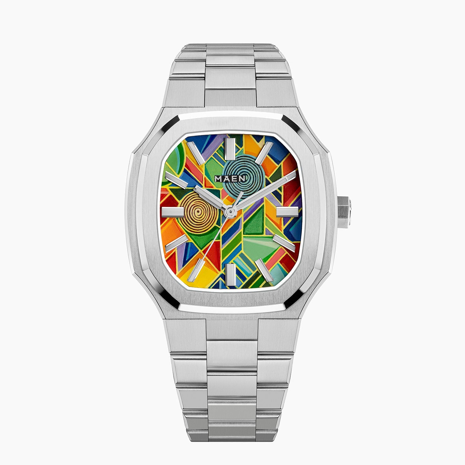 MAEN Manhattan Paradox — hand-painted geometric color-block dial with chevrons, mesh, and two concentric disks on a 37mm octagonal stainless steel case with integrated bracelet, limited edition timepiece by IFL Watches.