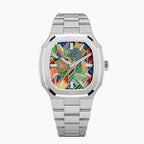 MAEN Manhattan Paradox — hand-painted geometric color-block dial with chevrons, mesh, and two concentric disks on a 37mm octagonal stainless steel case with integrated bracelet, limited edition timepiece by IFL Watches.