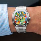 MAEN Manhattan Paradox — angled studio view of the 37mm octagonal stainless steel case and integrated bracelet paired with the geometric color-block dial, limited edition timepiece by IFL Watches.