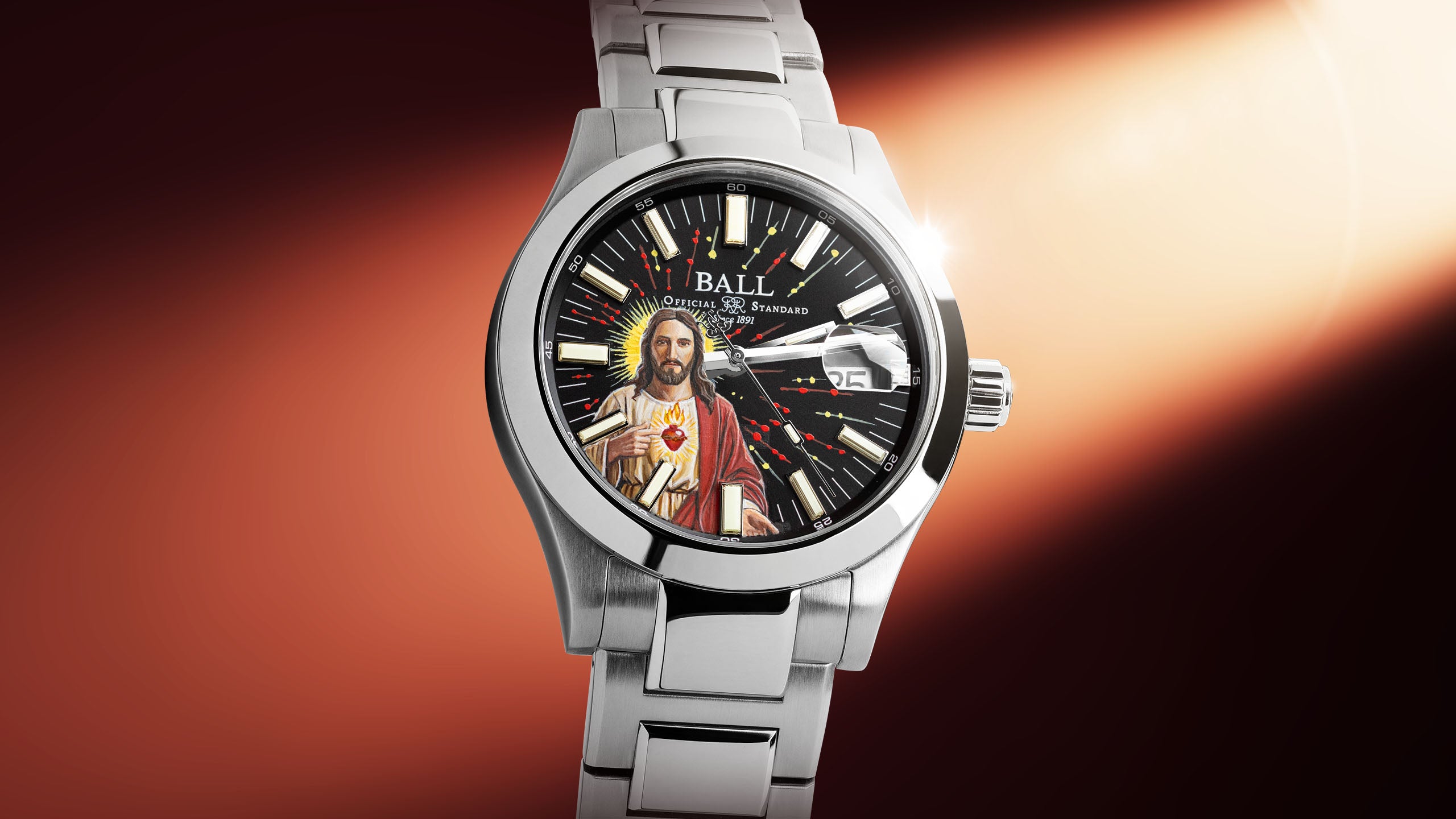 Ball Engineer M Ascension banner — Hand-painted Sacred Heart of Jesus on the black dial of a 40mm Swiss chronometer, official IFL x Ball collaboration limited edition.