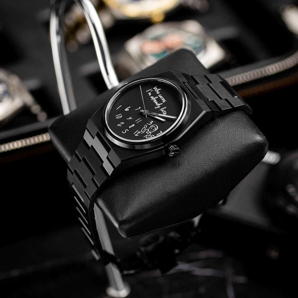 Canvax Who Cares Concept – Custom IFL Watches Canvax with scattered numerals and playful "Who cares, I'm already late" message artwork by IFL Watches