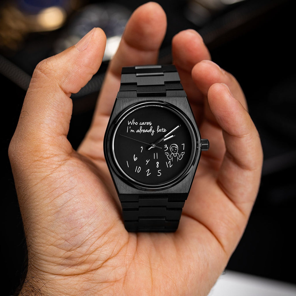 Canvax Who Cares Concept – Custom IFL Watches Canvax with scattered numerals and playful "Who cares, I'm already late" message artwork by IFL Watches