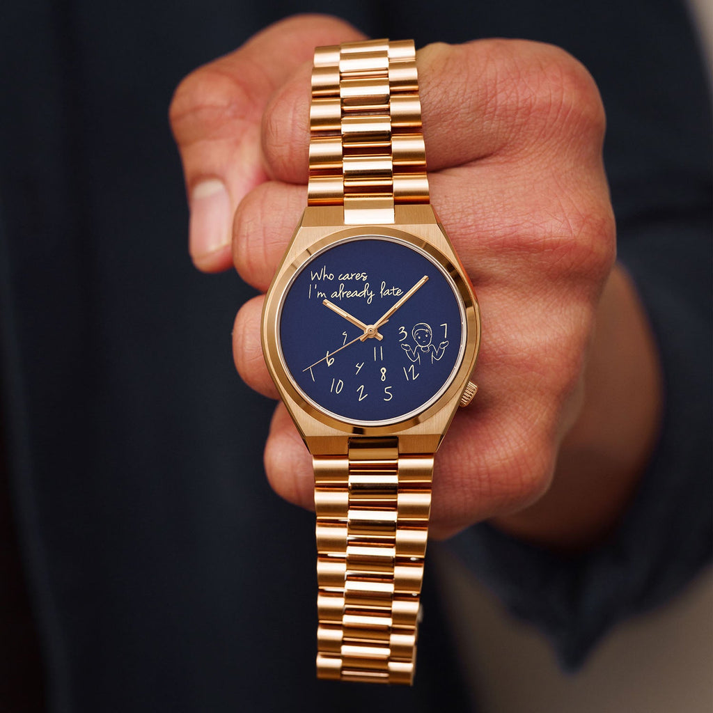 Tsuyosa Rose Gold Who Cares Concept – custom Citizen Tsuyosa with a rose gold-coated case and bracelet, featuring scattered numeral and playful message on the dial by IFL Watches.