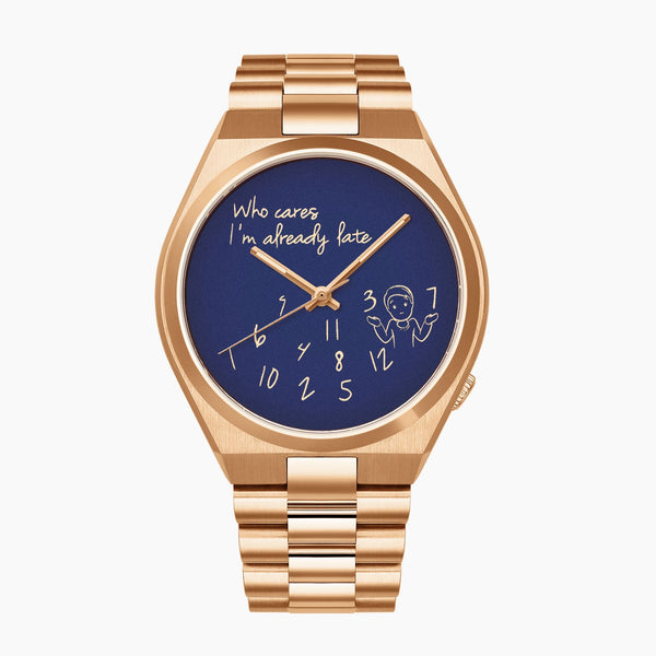 Tsuyosa Rose Gold Who Cares Concept – custom Citizen Tsuyosa with a rose gold-coated case and bracelet, featuring scattered numeral and playful message on the dial by IFL Watches.
