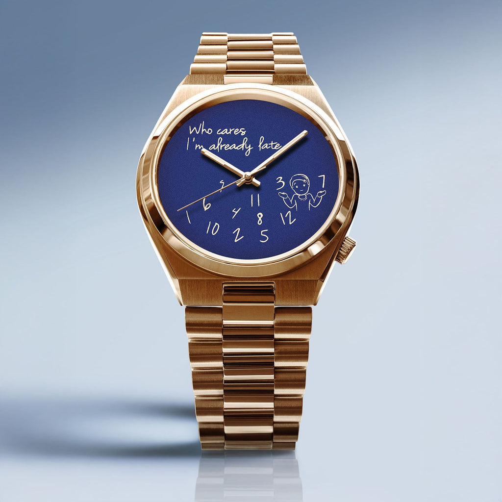 Tsuyosa Rose Gold Who Cares Concept – custom Citizen Tsuyosa with a rose gold-coated case and bracelet, featuring scattered numeral and playful message on the dial by IFL Watches.