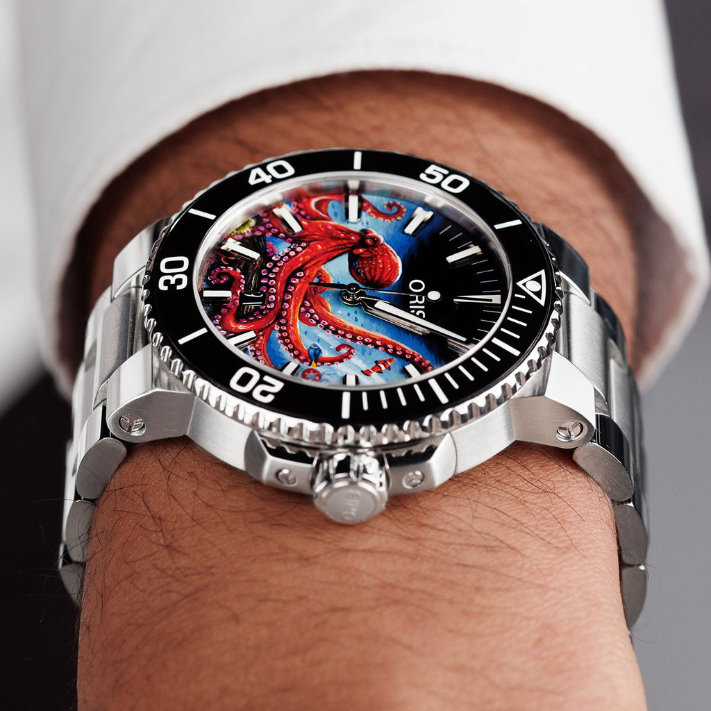 Aquis Octopus Concept – bespoke Oris Aquis dive watch with a hand-painted octopus motif, blue swirling currents, and marine-inspired elements, blending Swiss precision with oceanic beauty. Customized by IFL Watches.