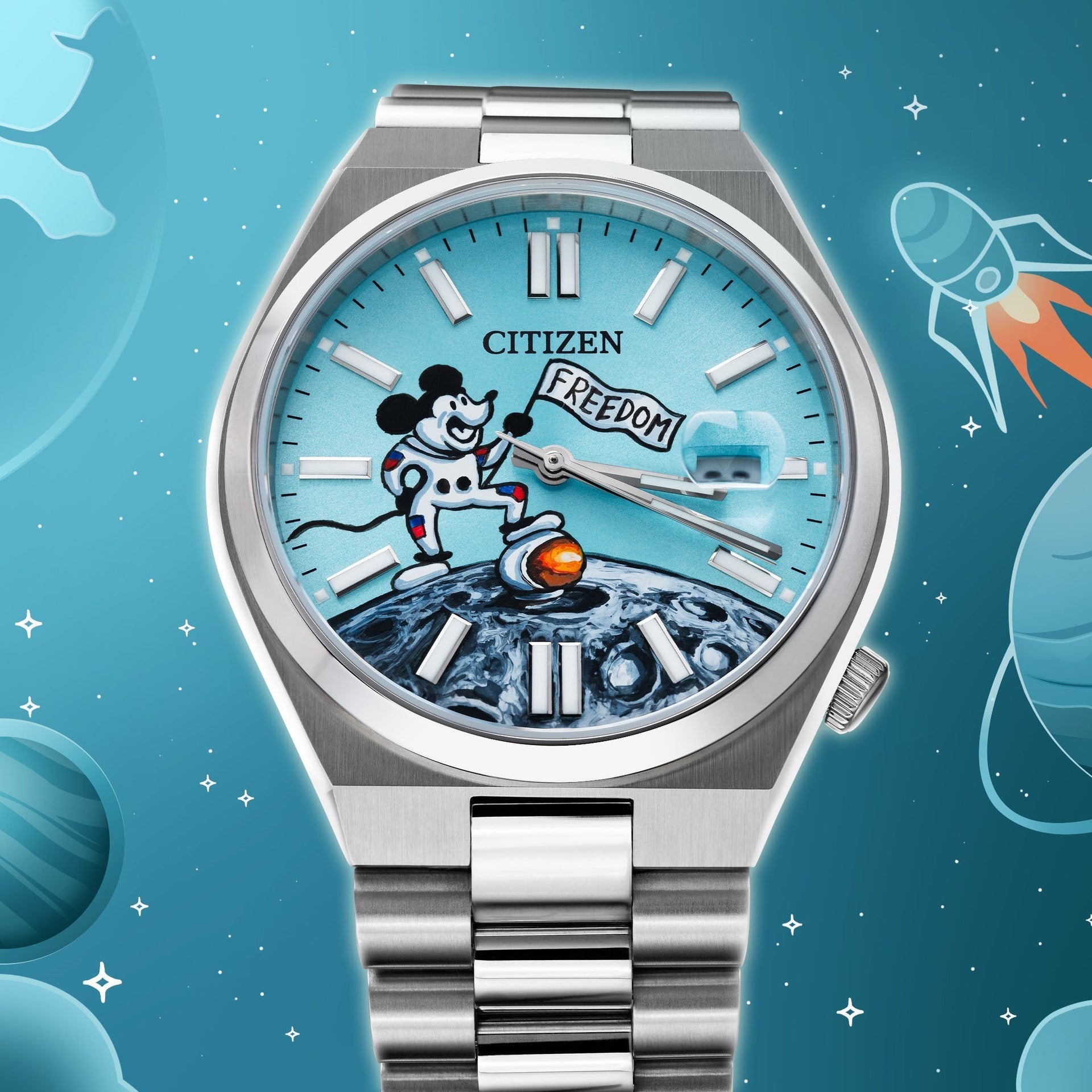 Free Willie Concept – Exclusive hand-painted Steamboat Willie artwork customized on Citizen Tsuyosa Automatic. 