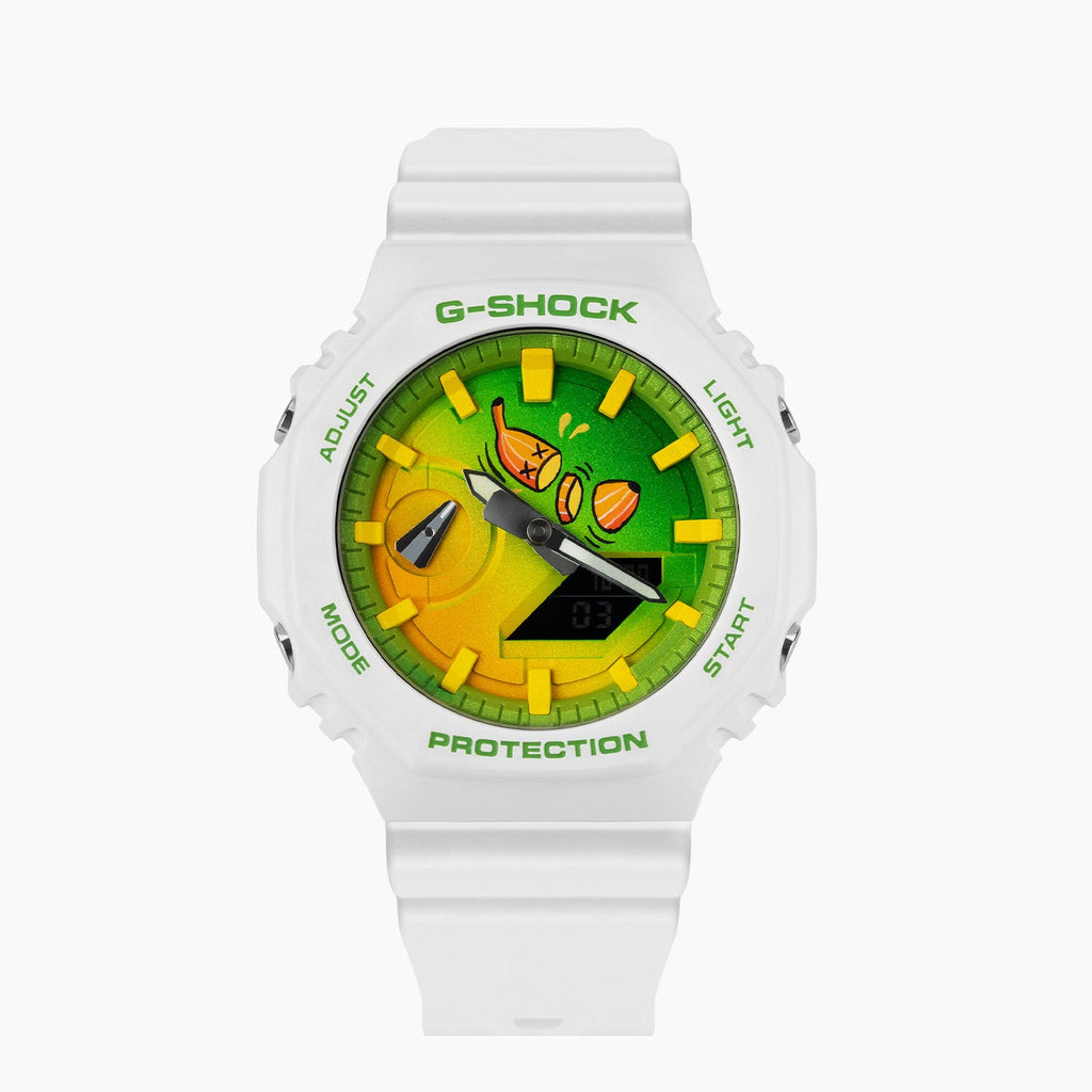 Vibrant hand-painted G-Shock CasiOak Banana Split watch showcasing a colorful banana-themed dial