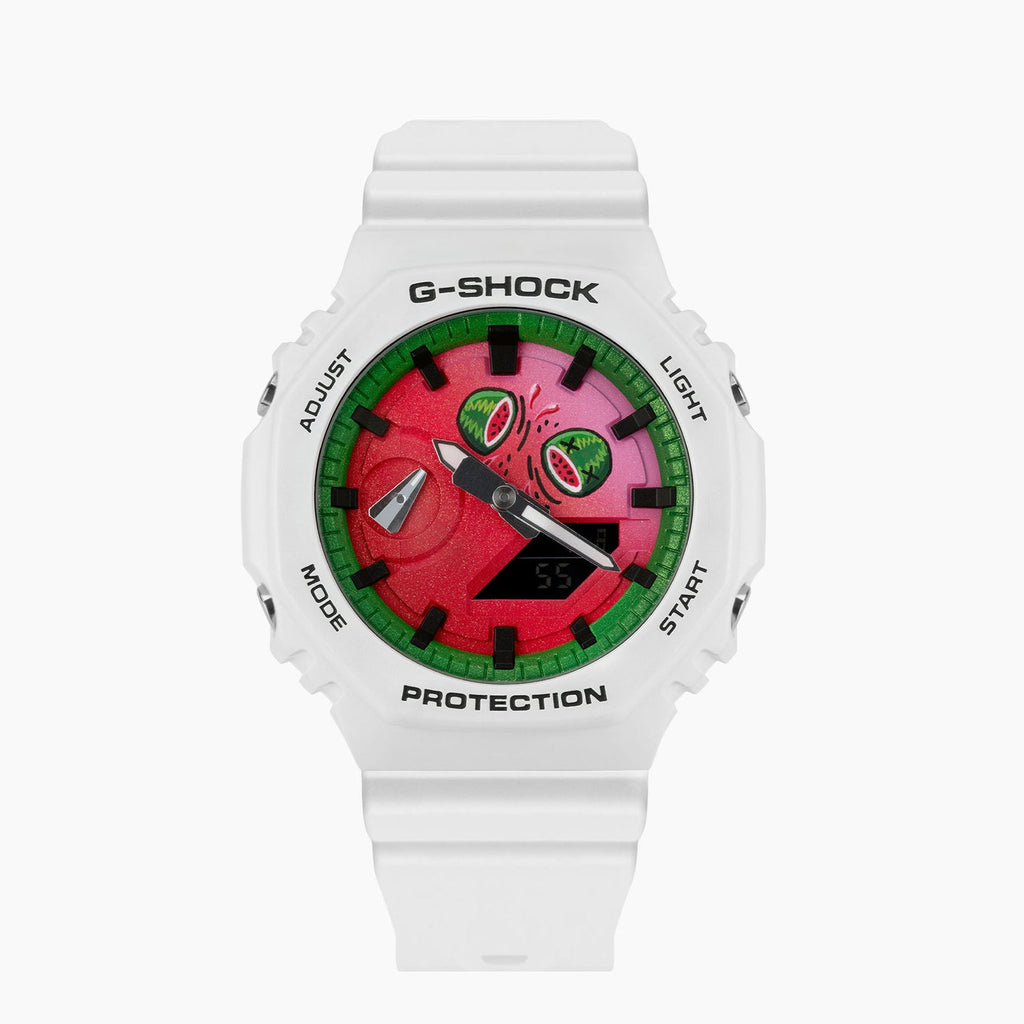 Refreshing G-Shock CasiOak Post Melone timepiece featuring a summer-inspired, hand-painted watermelon design