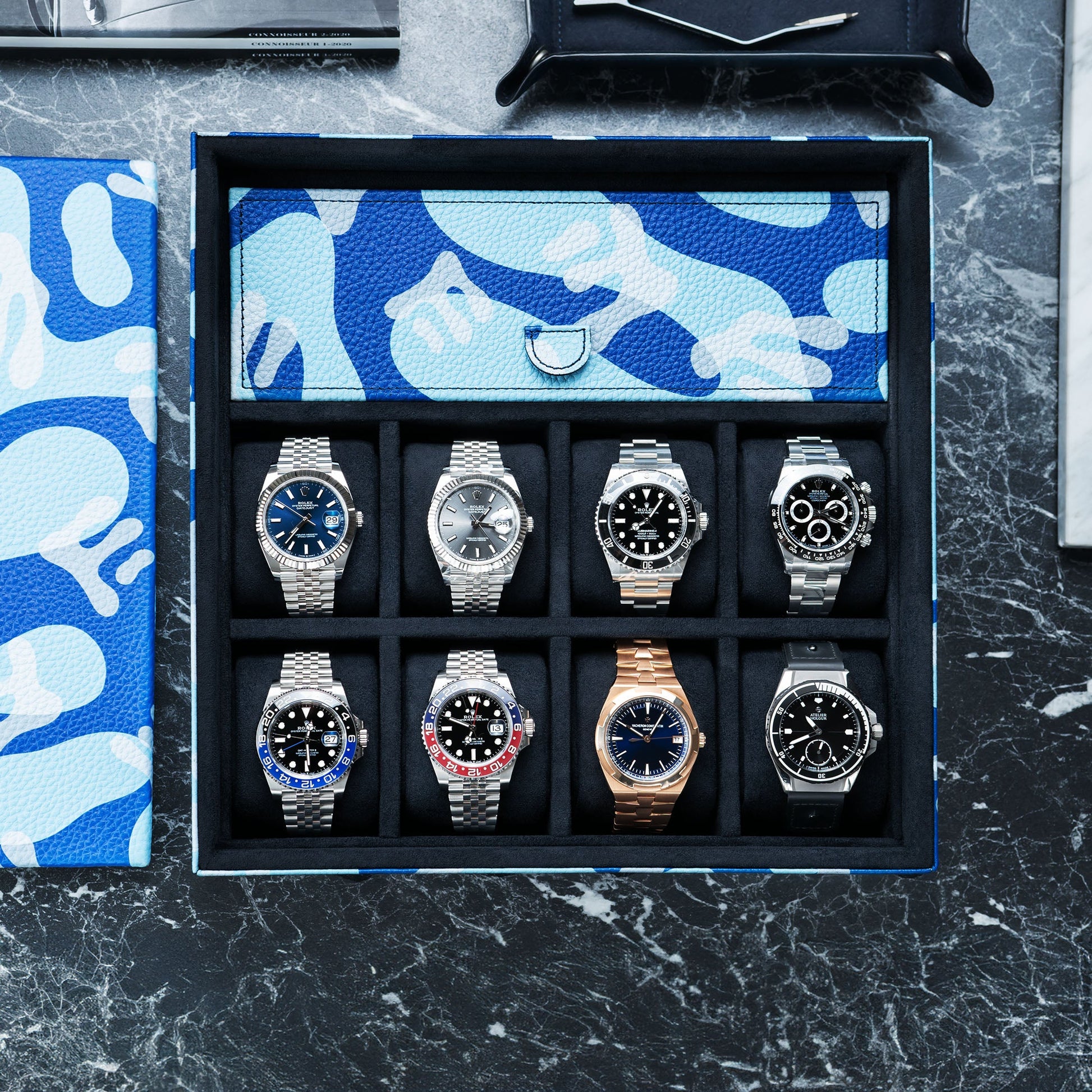 Azure Camo Lifestyle Locker –  handcrafted watch storage organizer with exclusive blue camo pattern design, made from premium leather