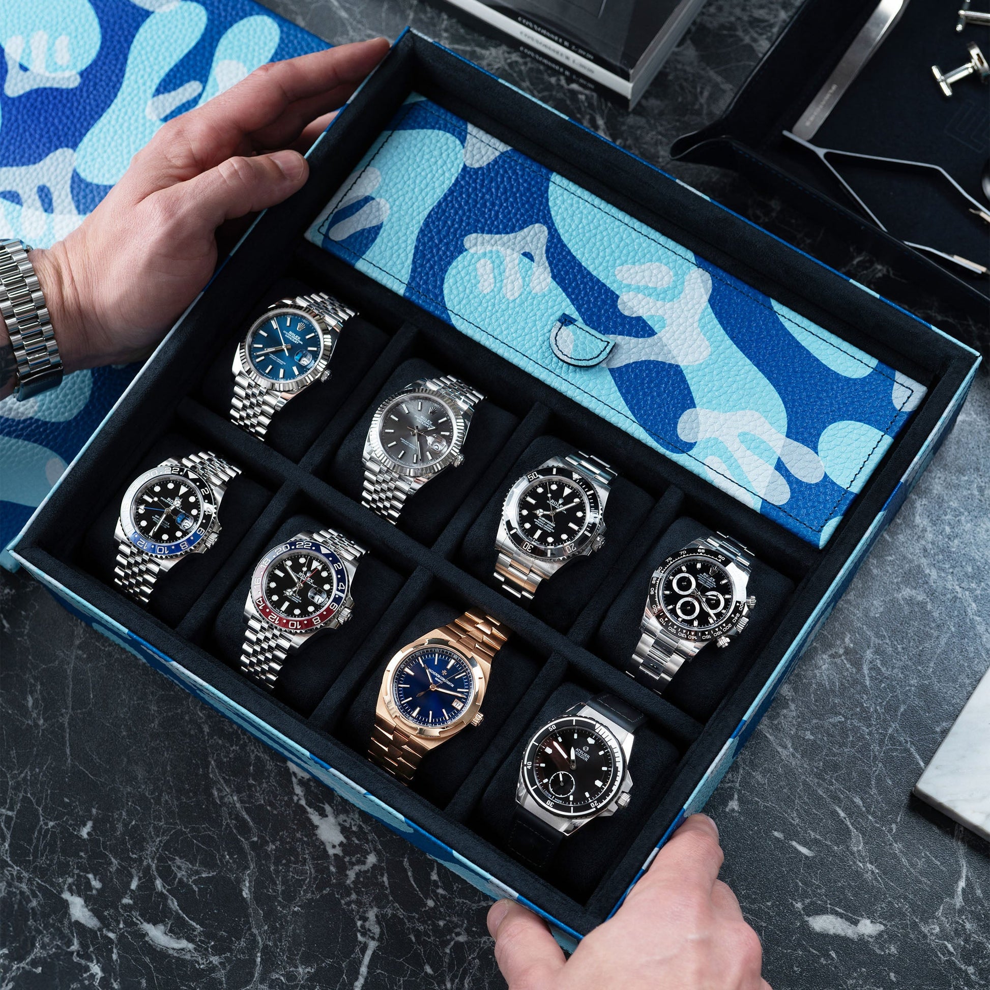 Azure Camo Lifestyle Locker –  handcrafted watch storage organizer with exclusive blue camo pattern design, made from premium leather