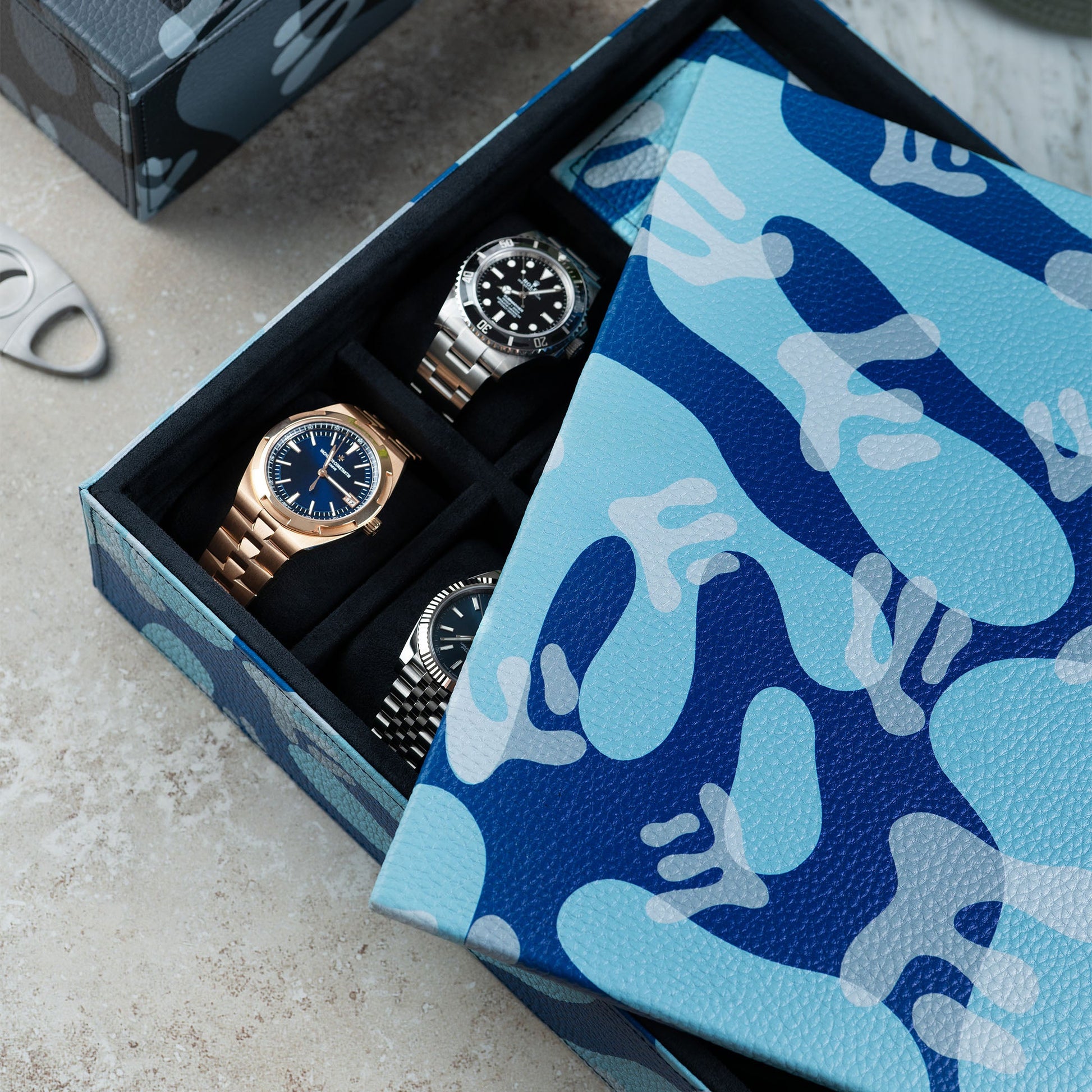 Azure Camo Lifestyle Locker –  handcrafted watch storage organizer with exclusive blue camo pattern design, made from premium leather