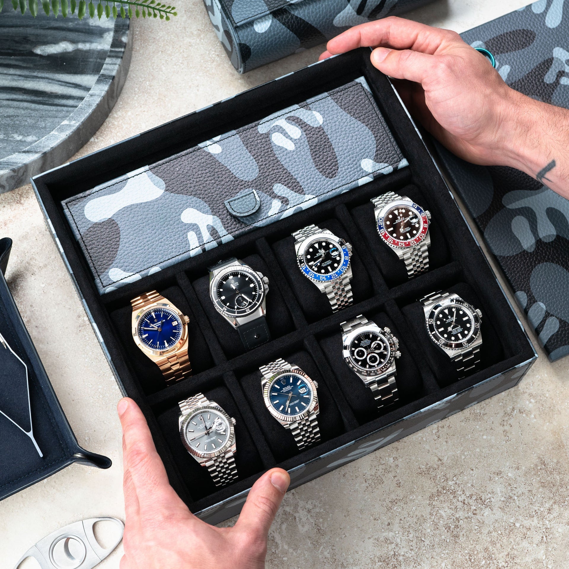 Stealth Camo Lifestyle Locker – handcrafted watch storage organizer with exclusive black camo pattern design, made from premium leather