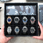 Stealth Camo Lifestyle Locker – handcrafted watch storage organizer with exclusive black camo pattern design, made from premium leather