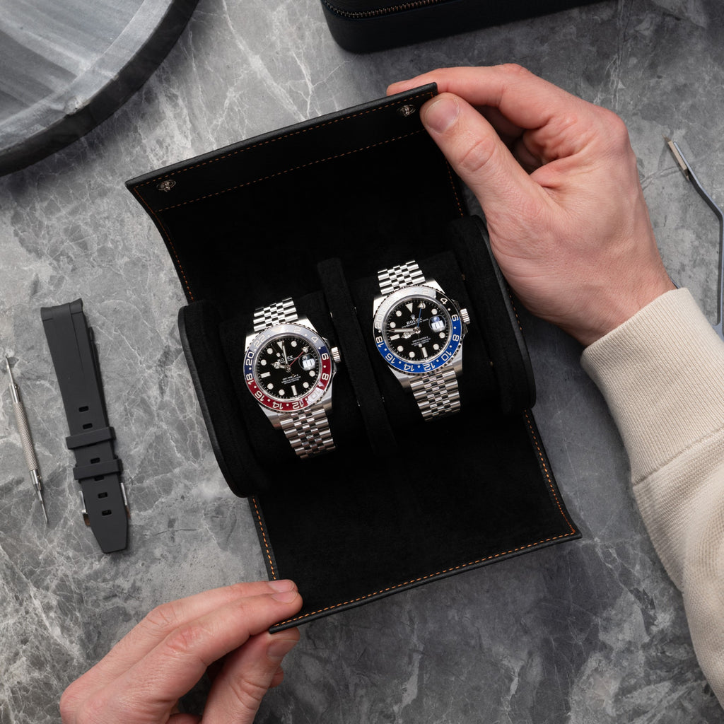 Noir Leather Watch Roll – Two Watches