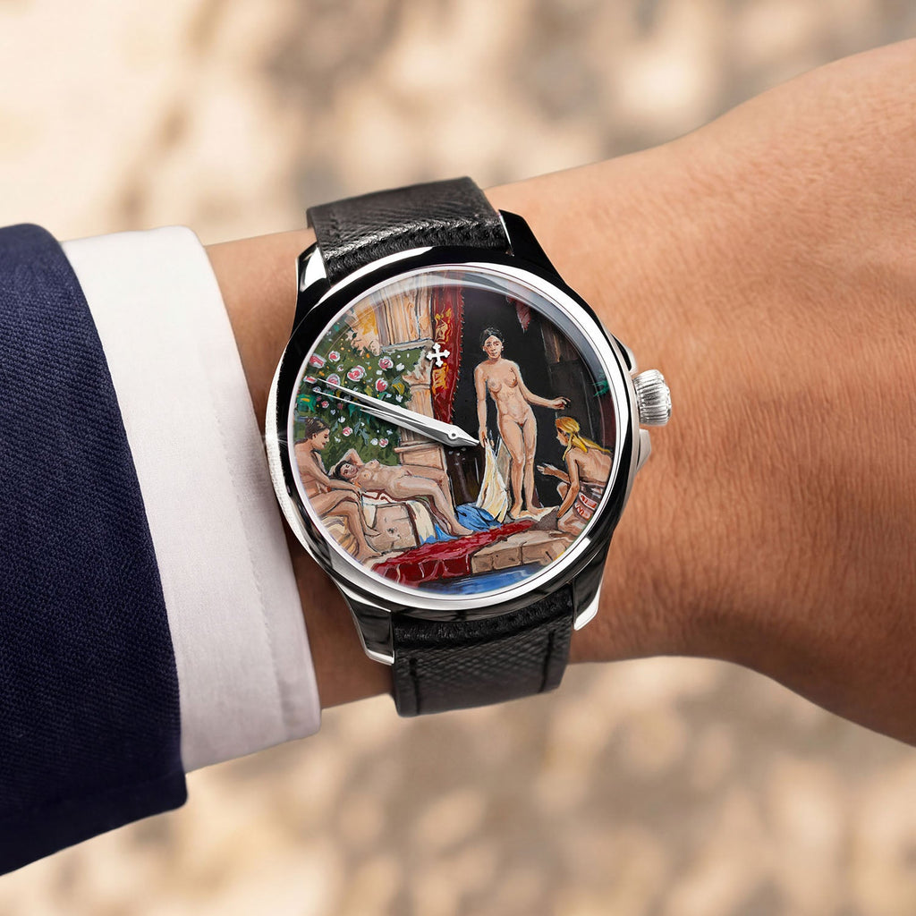 Venezianico Redentore L'Odalisca — hand-painted Mediterranean courtyard dial on a 40mm 316L stainless steel case with soft saffiano leather strap, limited edition timepiece by IFL Watches.