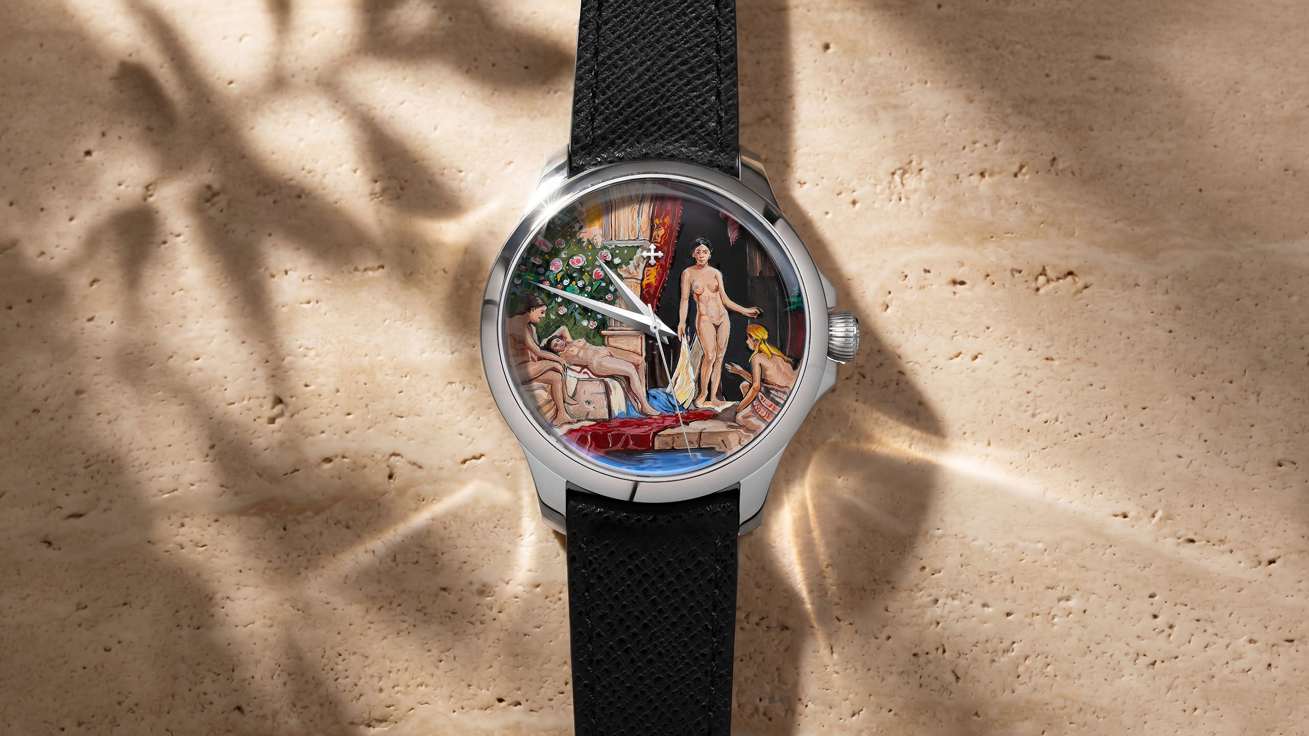 Venezianico Redentore L'Odalisca — hand-painted Mediterranean courtyard scene with feminine figures at rest on a 40mm 316L stainless steel case with Soft Saffiano Leather strap, limited edition timepiece by IFL Watches.
