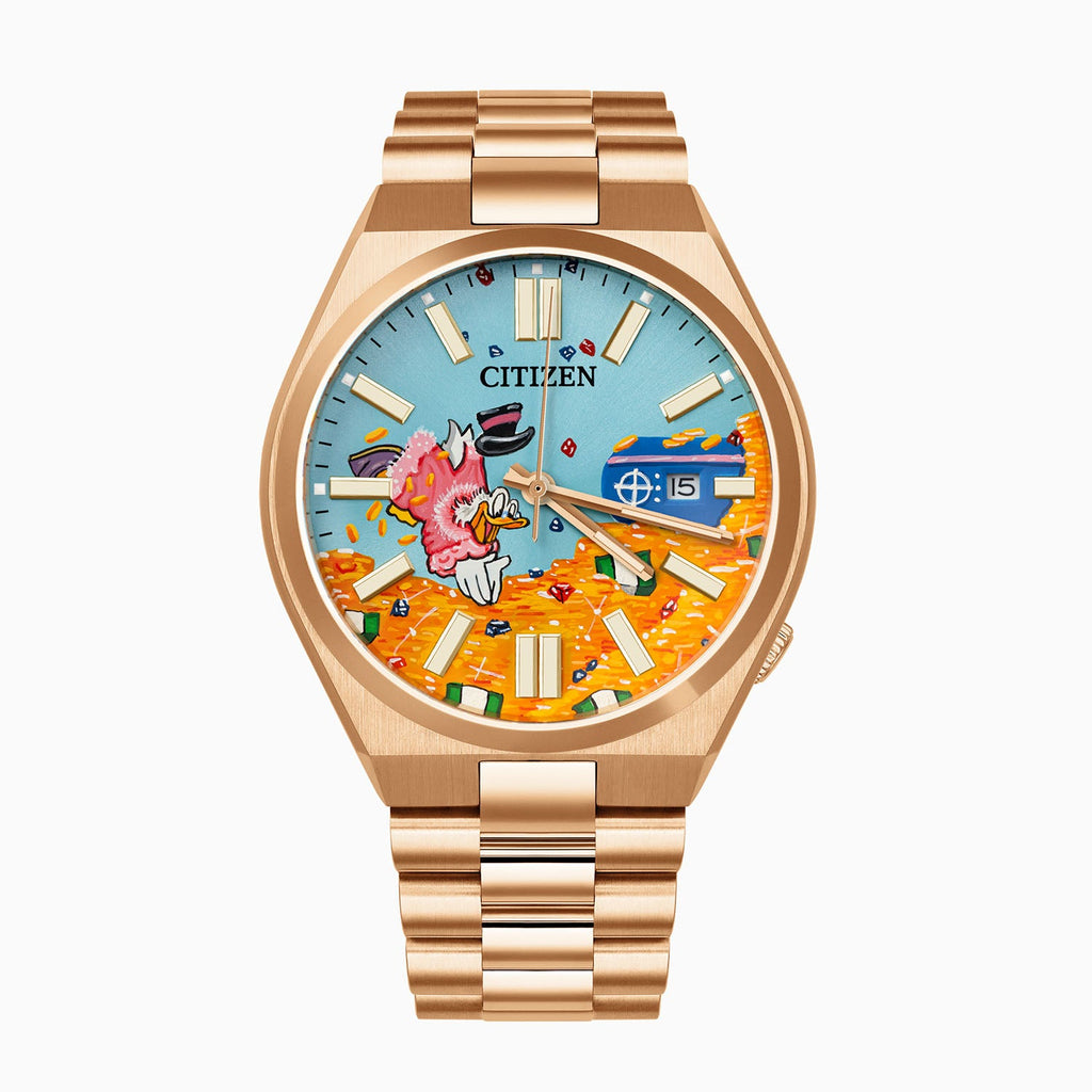 Citizen Tsuyosa Dive in Time — hand-painted custom rose gold automatic featuring a treasure vault diving scene with golden coins, gold bars, and banknotes against a clear blue sky on a 40mm rose gold-plated case with president-style bracelet, a bespoke timepiece by IFL Watches.
